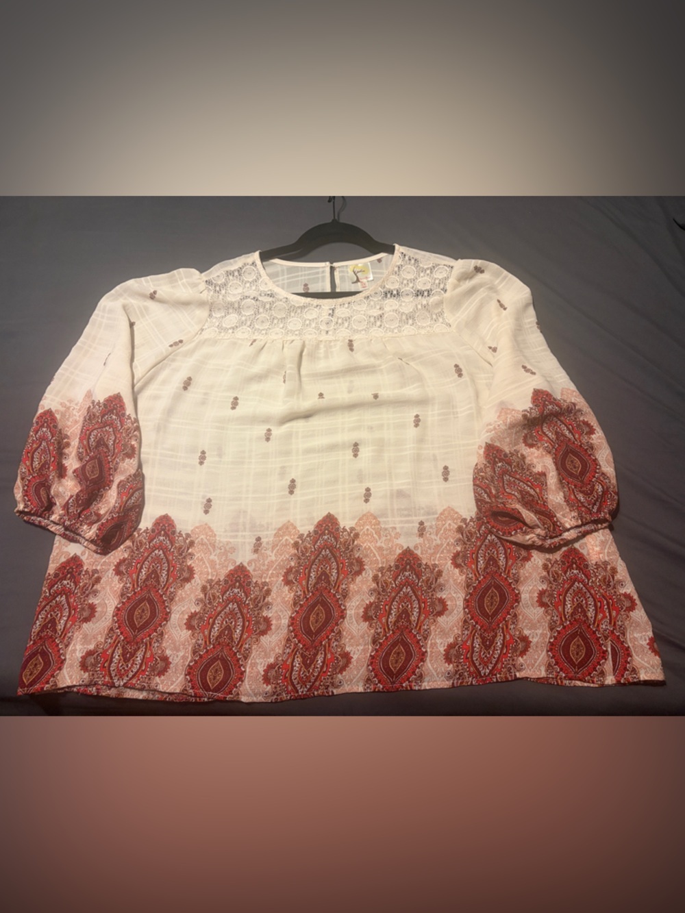fig and flower Cream Peasant Top with Red Paisley Border